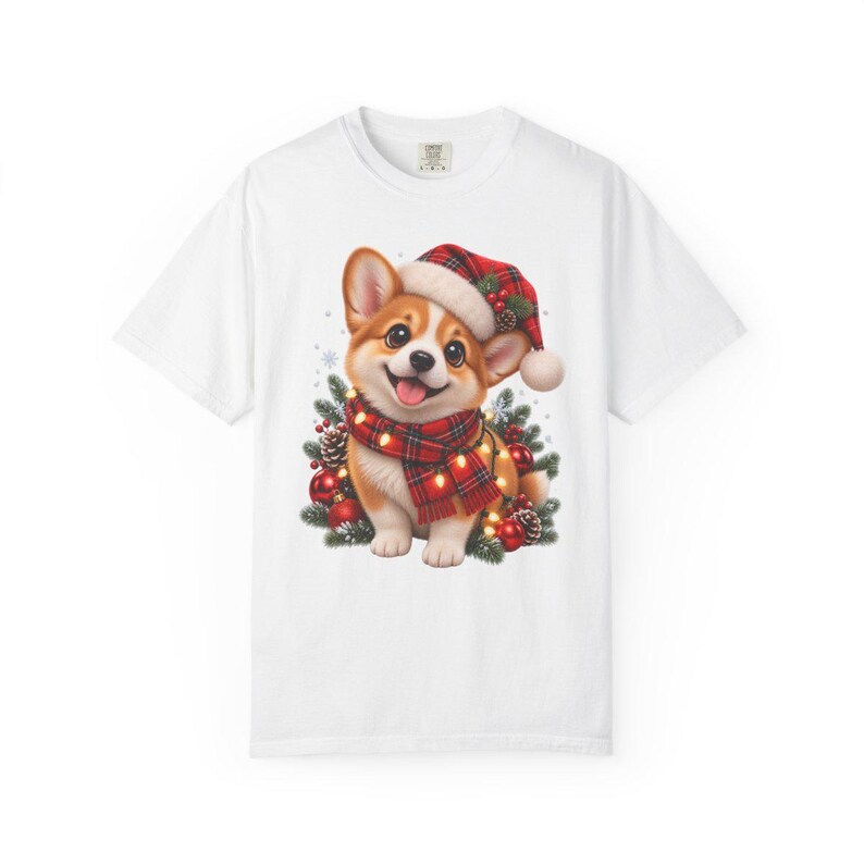 Comfort Colors Christmas Corgi Puppy Shirt, Cute Corgi Santa Hat Tee, Corgi Lover Christmas T-shirt, Corgi Mom Holiday Shirt — Printify product mockup