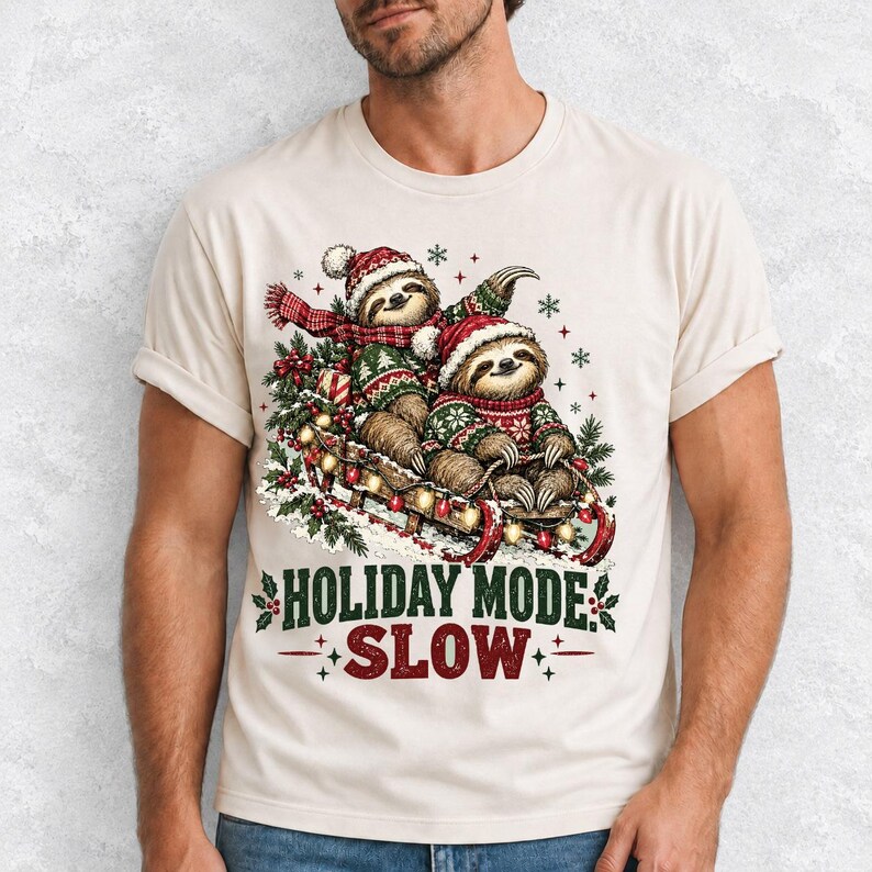 Two sloths in ugly sweaters riding a sled with lights and the text Holiday Mode: Slow