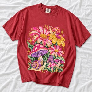 Retro 70s psychedelic glitter daisies and snails with groovy stars in pink, mustard, violet and mint