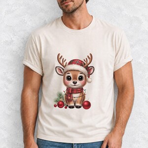 Comfort Colors Baby Reindeer Christmas Shirt, Cute Reindeer Santa Hat Tee, Christmas Reindeer T-shirt, Plaid Reindeer Holiday Shirt