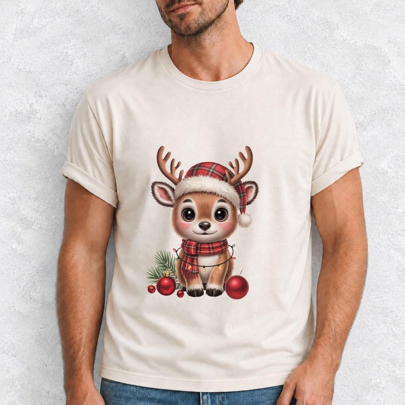 Comfort Colors Baby Reindeer Christmas Shirt, Cute Reindeer Santa Hat Tee, Christmas Reindeer T-shirt, Plaid Reindeer Holiday Shirt