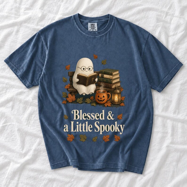 Cute ghost with glasses reading a Bible with a candle and mug, text "Blessed & a Little Spooky", retro fall illustration