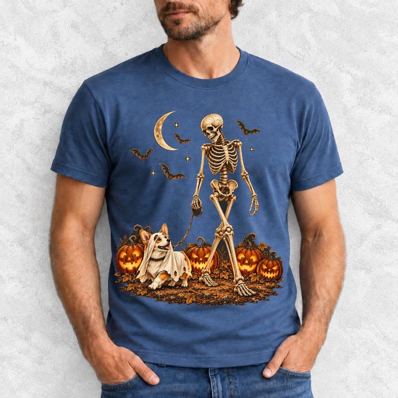 A skeleton walking a corgi in a ghost costume past carved pumpkins under a crescent moon