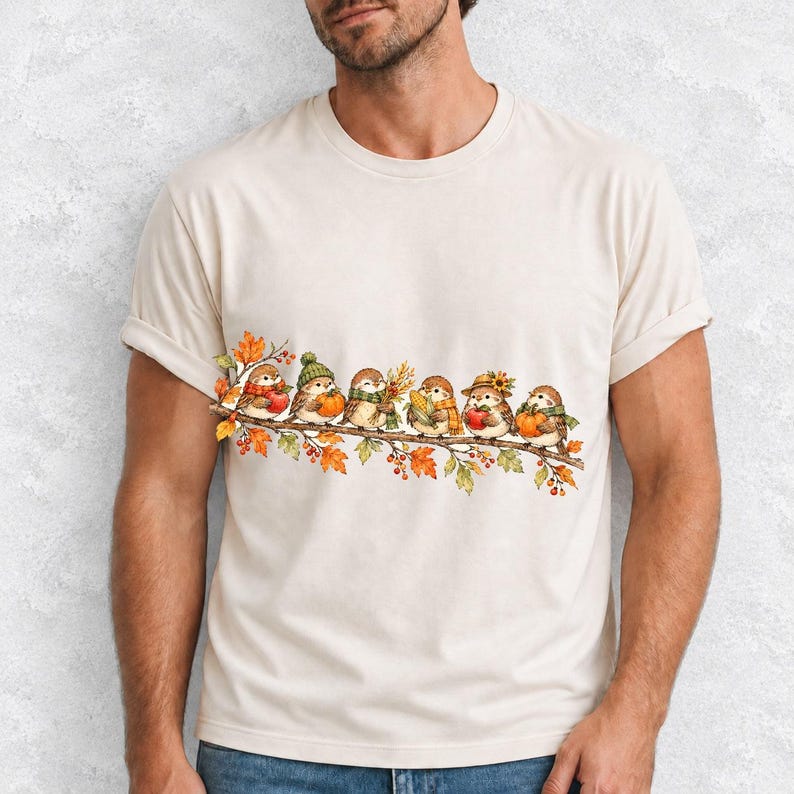 Row of watercolor sparrows on a branch holding tiny apples, corn and a pumpkin for harvest
