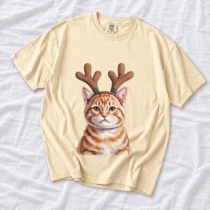 Comfort Colors Cat Reindeer Antlers Shirt, Orange Tabby Cat Christmas Tee, Grumpy Cat Reindeer T-shirt, Cat Mom Holiday Shirt, Cat Xmas Tee