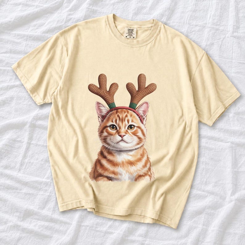 Comfort Colors Cat Reindeer Antlers Shirt, Orange Tabby Cat Christmas Tee, Grumpy Cat Reindeer T-shirt, Cat Mom Holiday Shirt, Cat Xmas Tee