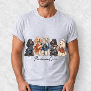 Illustrated poodles in salon smocks with brushes and a hair dryer, text Pawdicure Crew