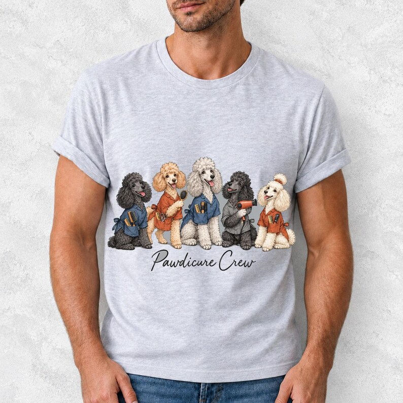 Illustrated poodles in salon smocks with brushes and a hair dryer, text Pawdicure Crew