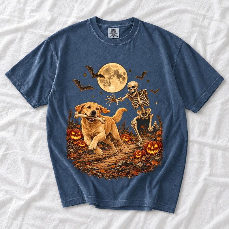A skeleton chasing a golden labrador that stole its arm bone under a full moon with jack o lanterns and bats