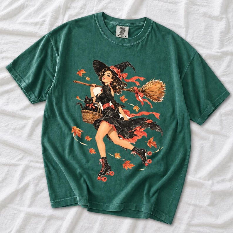 Retro 1950s pin-up witch on roller skates with a broom and a cat in a basket, autumn leaves