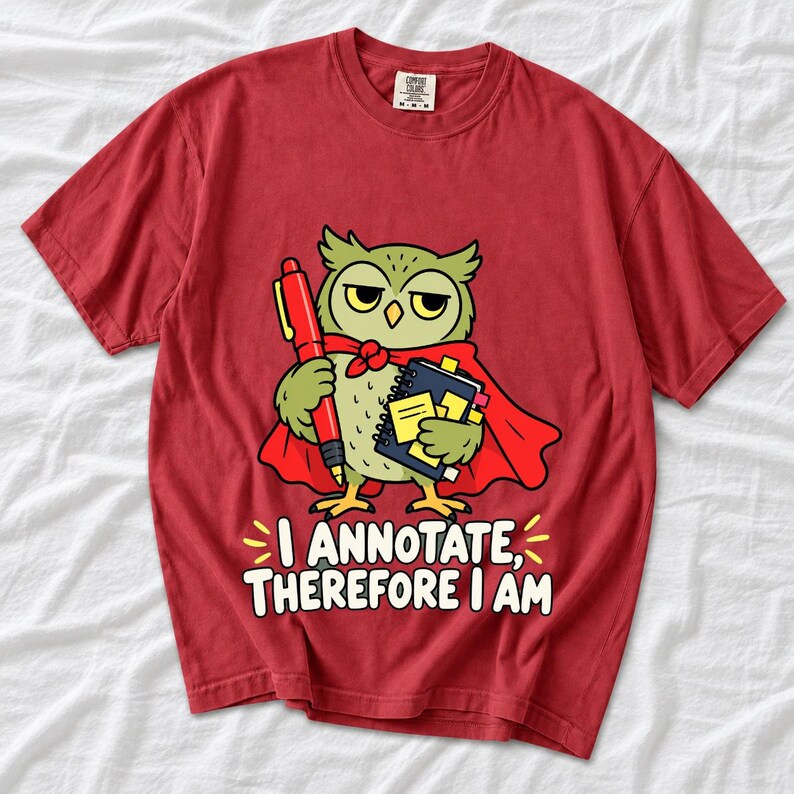 Cartoon owl in a cape holding a giant red pen and sticky notes with the text I Annotate, Therefore I Am
