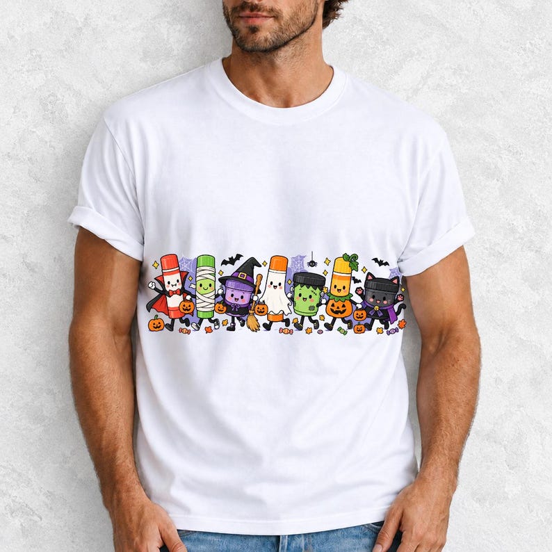 Seven glue sticks and paint pots with faces in Halloween costumes marching past pumpkins and cobwebs