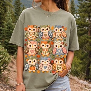 Grid of chubby owls with quilted patchwork wings, acorns and leaves in pumpkin, sage and dusty blue autumn colors