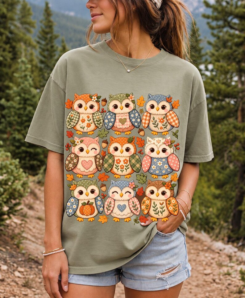 Grid of chubby owls with quilted patchwork wings, acorns and leaves in pumpkin, sage and dusty blue autumn colors