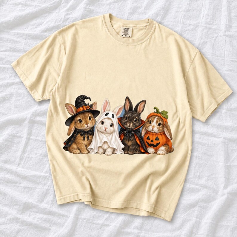 Realistic illustration of four bunnies in witch, ghost, vampire cape and pumpkin costumes in a row