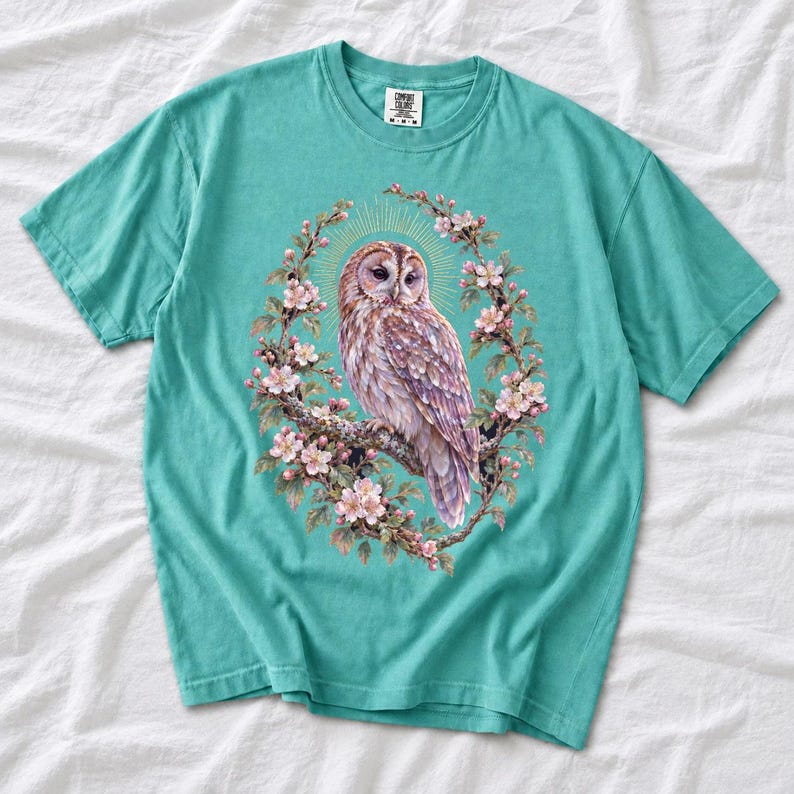 Tawny Owl Shirt, Floral Owl Tee, Comfort Colors Owl Lover T-shirt, Retro Wildflowers Owl Shirt, Women Owl Tee Gift image 7