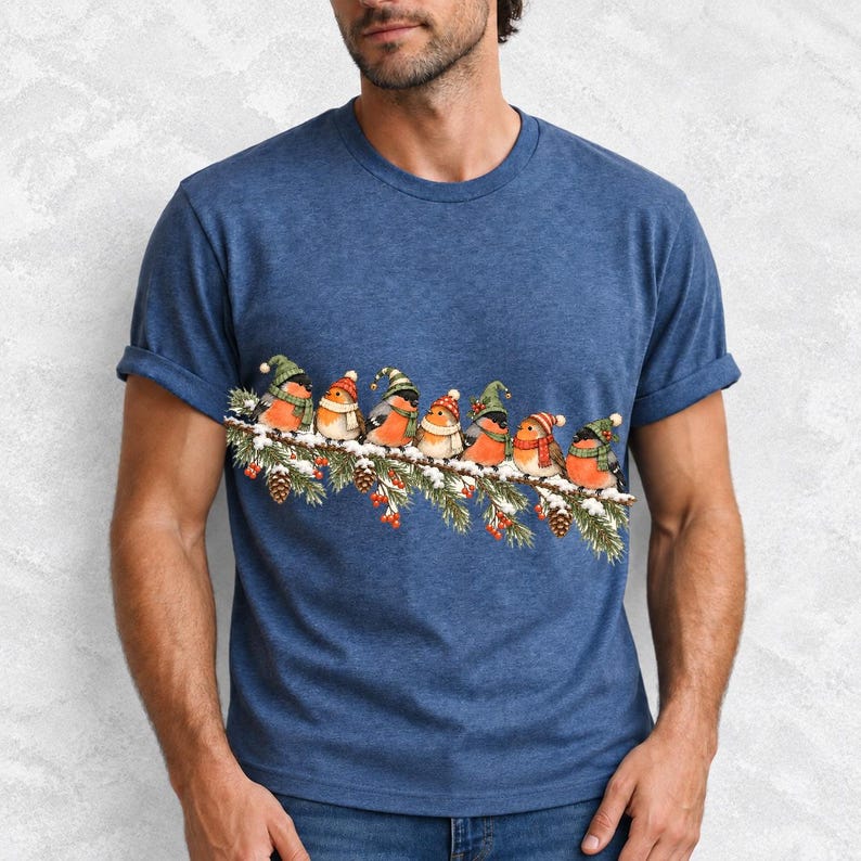 Watercolor bullfinches and robins in elf hats and scarves on a snowy pine branch