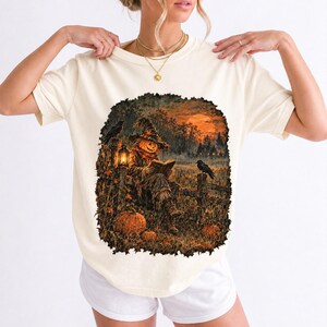 Vintage oil painting of a pumpkin-headed scarecrow reading by lantern in a misty field at dusk with crows on a fence