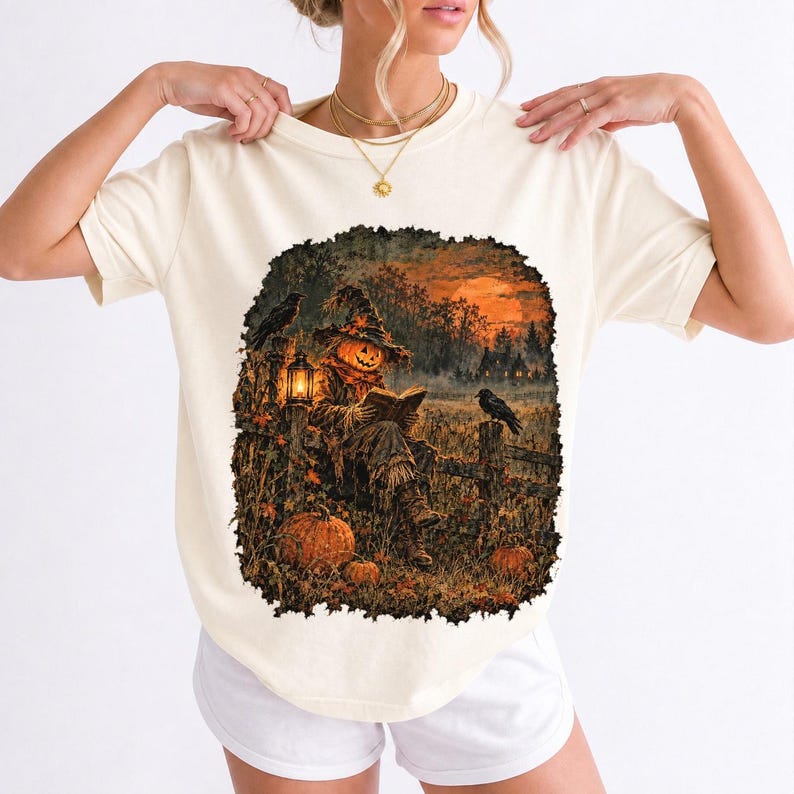 Vintage oil painting of a pumpkin-headed scarecrow reading by lantern in a misty field at dusk with crows on a fence
