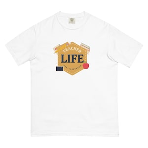 Teacher Life Shirt, Faux Patchwork School Supplies Comfort Colors Tee; White Comfort Colors 1717 shirt, front product mockup