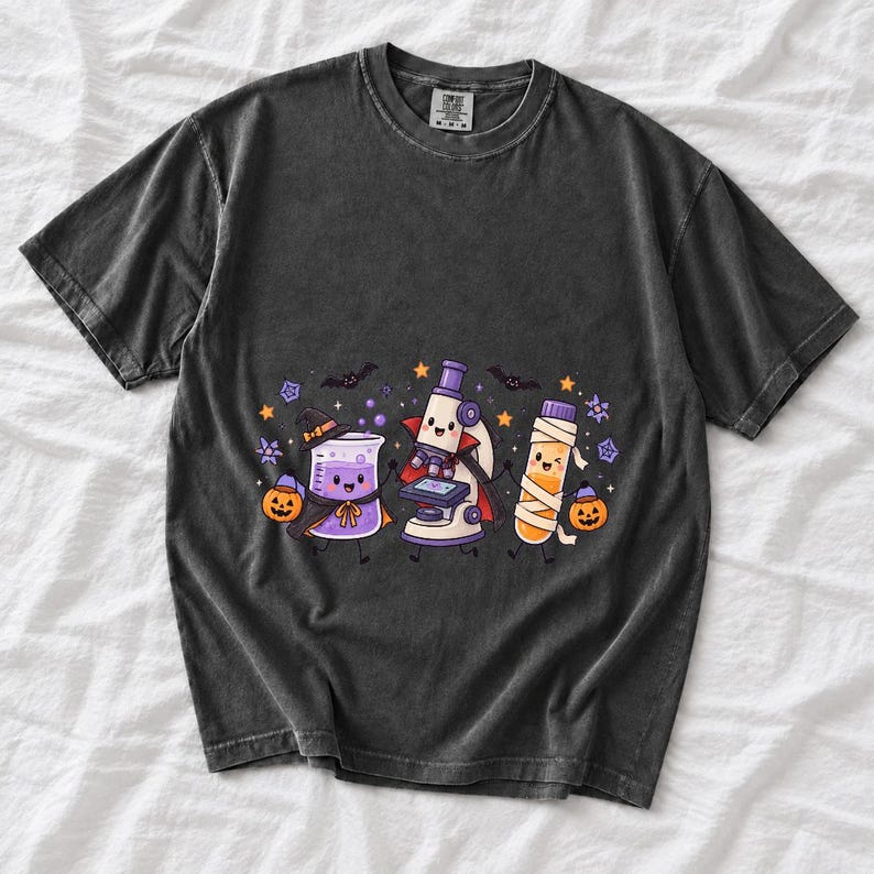 Kawaii beaker, microscope and test tube with faces in Halloween costumes, pastel purple and orange