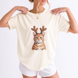 Comfort Colors Cat Reindeer Antlers Shirt, Orange Tabby Cat Christmas Tee, Grumpy Cat Reindeer T-shirt, Cat Mom Holiday Shirt, Cat Xmas Tee