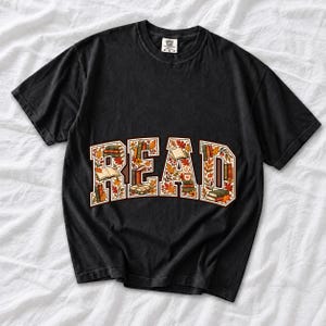 Arched varsity word READ filled with tiny books and autumn leaves in cream, rust and mustard