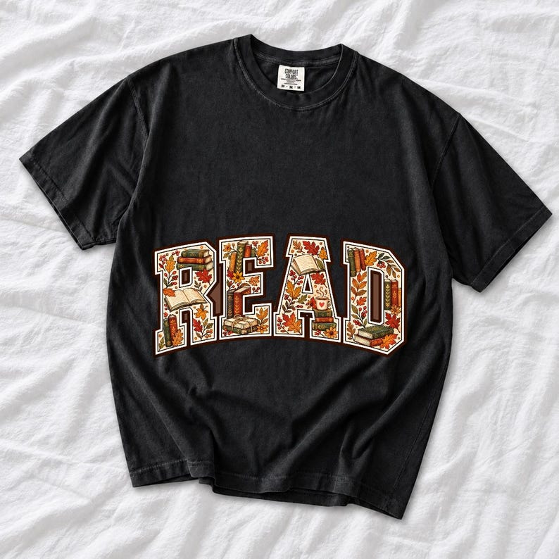 Arched varsity word READ filled with tiny books and autumn leaves in cream, rust and mustard