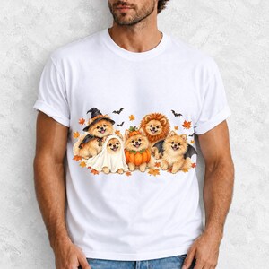 Five fluffy watercolor pomeranians in Halloween costumes with autumn leaves and bats