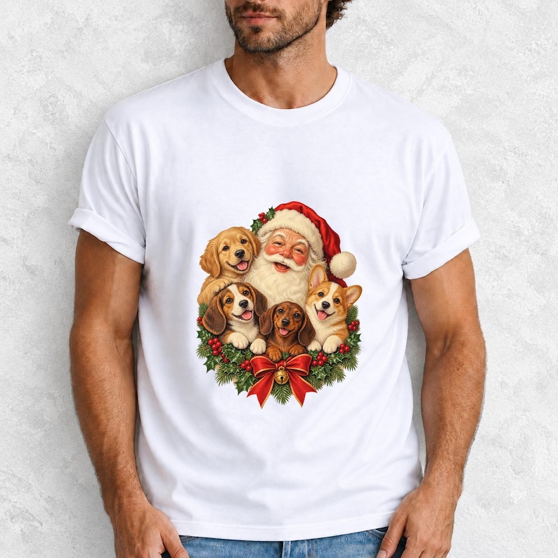 Comfort Colors Santa Puppies Christmas Shirt, Retro Santa Dog Tee, Christmas Dog Lover T-shirt, Dog Mom Santa Shirt Gift
