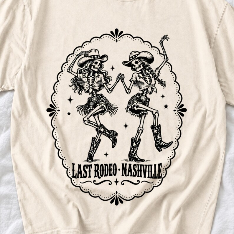 Two cowgirl skeletons in hats line dancing in a starry frame with the text Last Rodeo Nashville