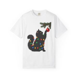 Comfort Colors Black Cat Christmas Shirt, Funny Cat Ornament Tee, Black Cat Christmas Lights T-shirt, Cat Mom Holiday Shirt — Printify product mockup