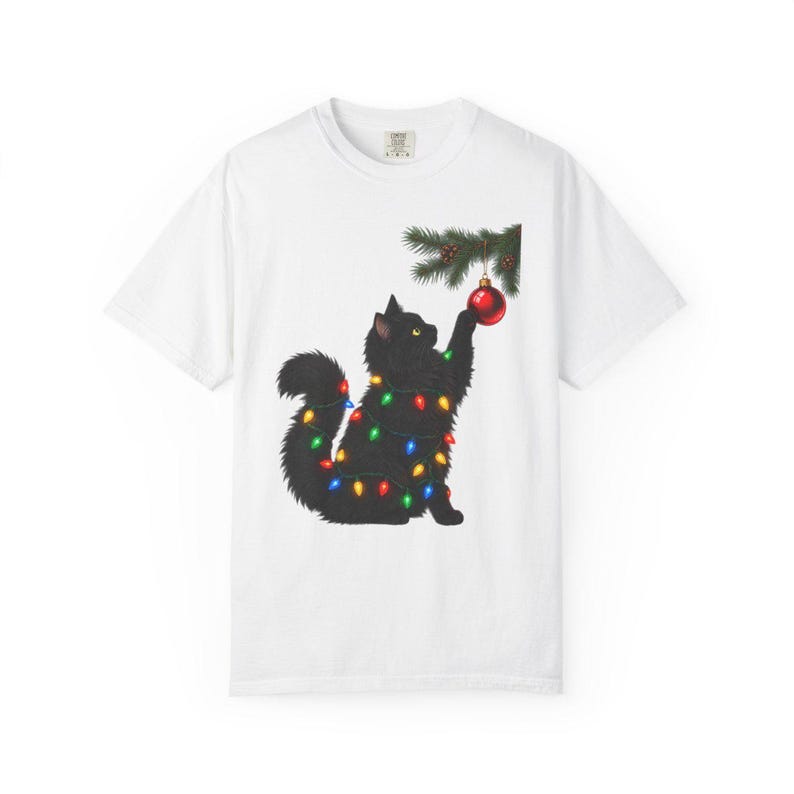 Comfort Colors Black Cat Christmas Shirt, Funny Cat Ornament Tee, Black Cat Christmas Lights T-shirt, Cat Mom Holiday Shirt — Printify product mockup