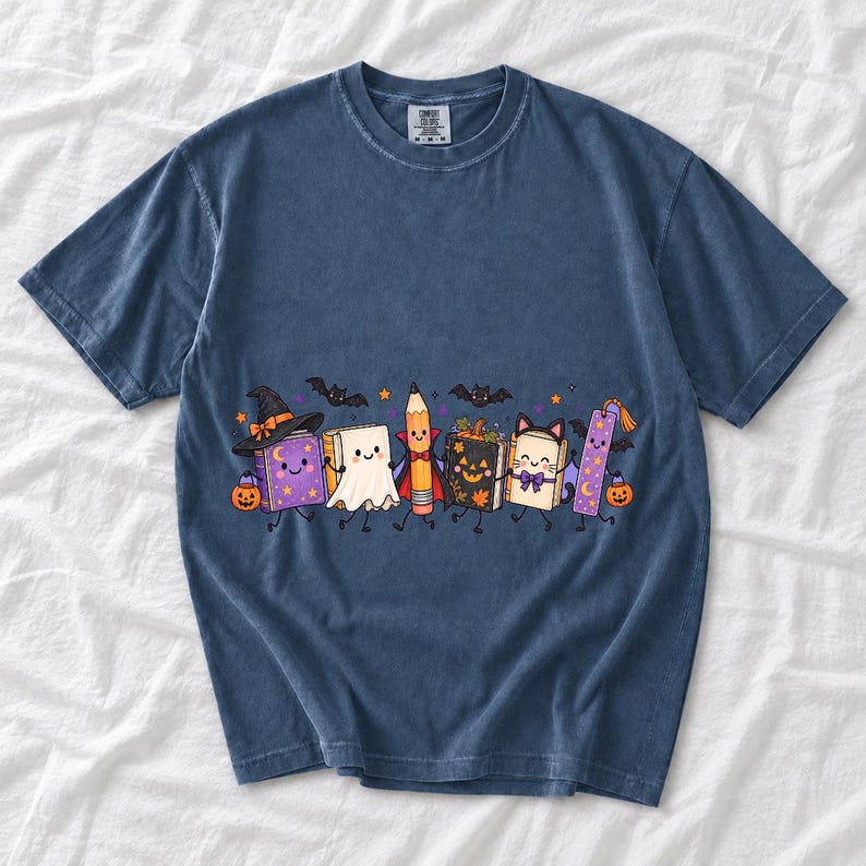 Kawaii books, pencil and bookmark with faces in Halloween costumes, pastel purple and orange