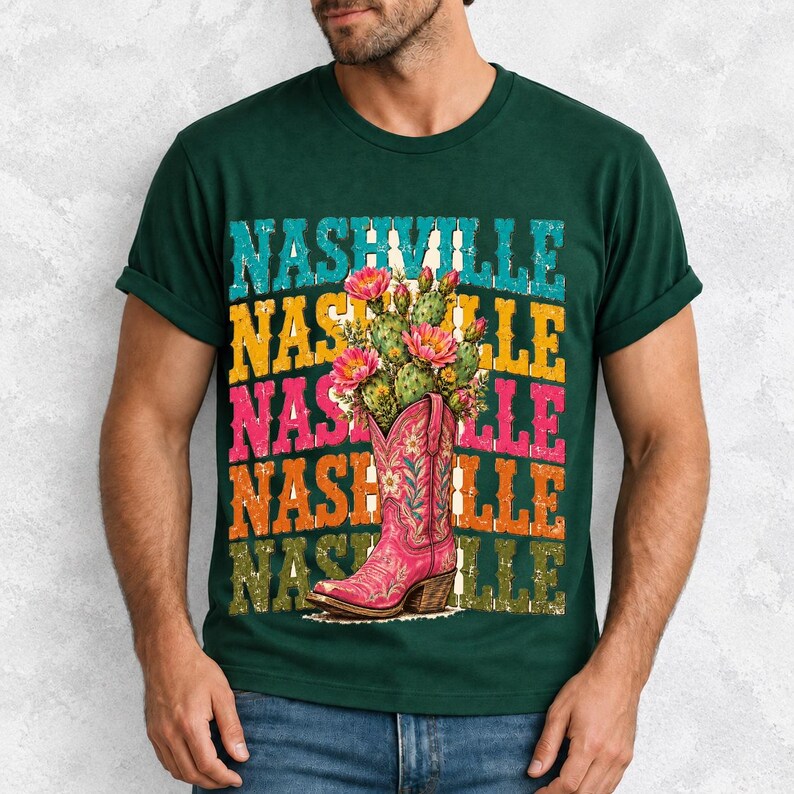 Pink embroidered cowboy boot with blooming cactus over a five-line stacked NASHVILLE word in retro colors