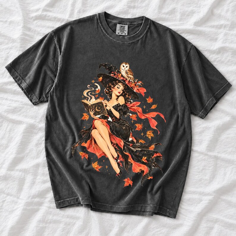 Retro 1950s pin-up witch floating while reading a spell book with an owl on her hat, autumn leaves