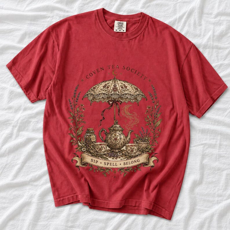 Vintage poster style ornate teapot with crescent moon steam, teacups and herbs, text Coven Tea Society