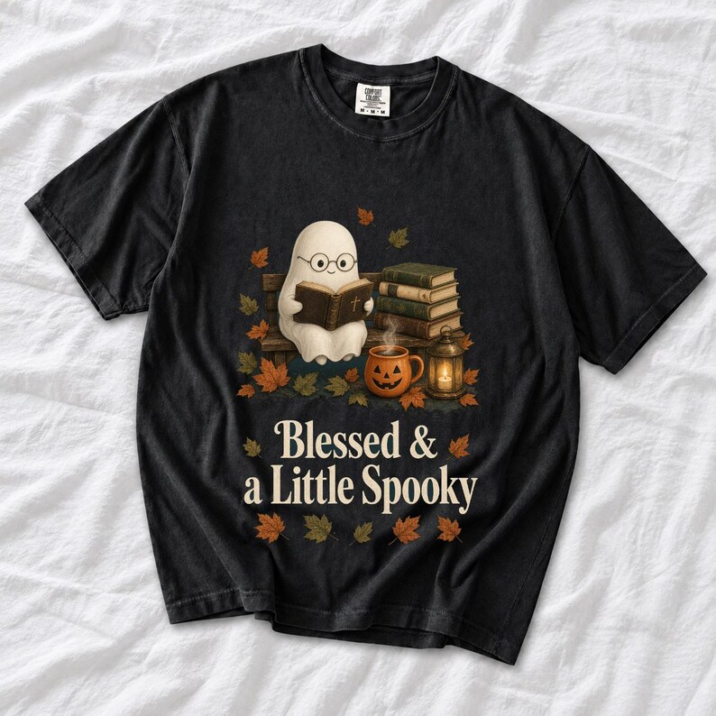 Cute ghost with glasses reading a Bible with a candle and mug, text "Blessed & a Little Spooky", retro fall illustration