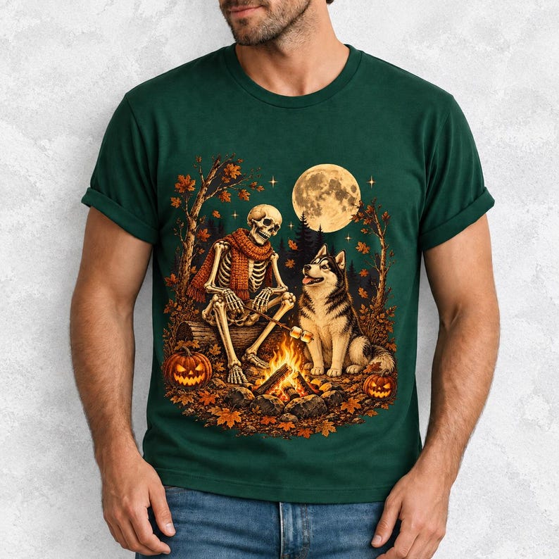 A skeleton in a scarf roasting marshmallows by a campfire beside a husky in an autumn forest under a full moon