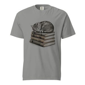 Tabby Cat Shirt, Sleeping Cat on Books Tee, Comfort Colors Cat Lover T-shirt, Bookish Cat Mom Shirt, Retro Kitty Reader Tee image 1