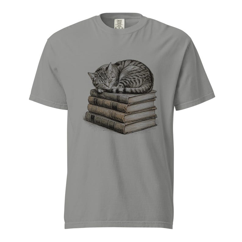 Tabby Cat Shirt, Sleeping Cat on Books Tee, Comfort Colors Cat Lover T-shirt, Bookish Cat Mom Shirt, Retro Kitty Reader Tee image 1