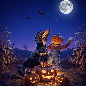 Dachshund Halloween Wall Art, Moonlit Pumpkin Doxie Framed Poster, Wiener Dog Print, Spooky Fall Dachshund Decor image 5