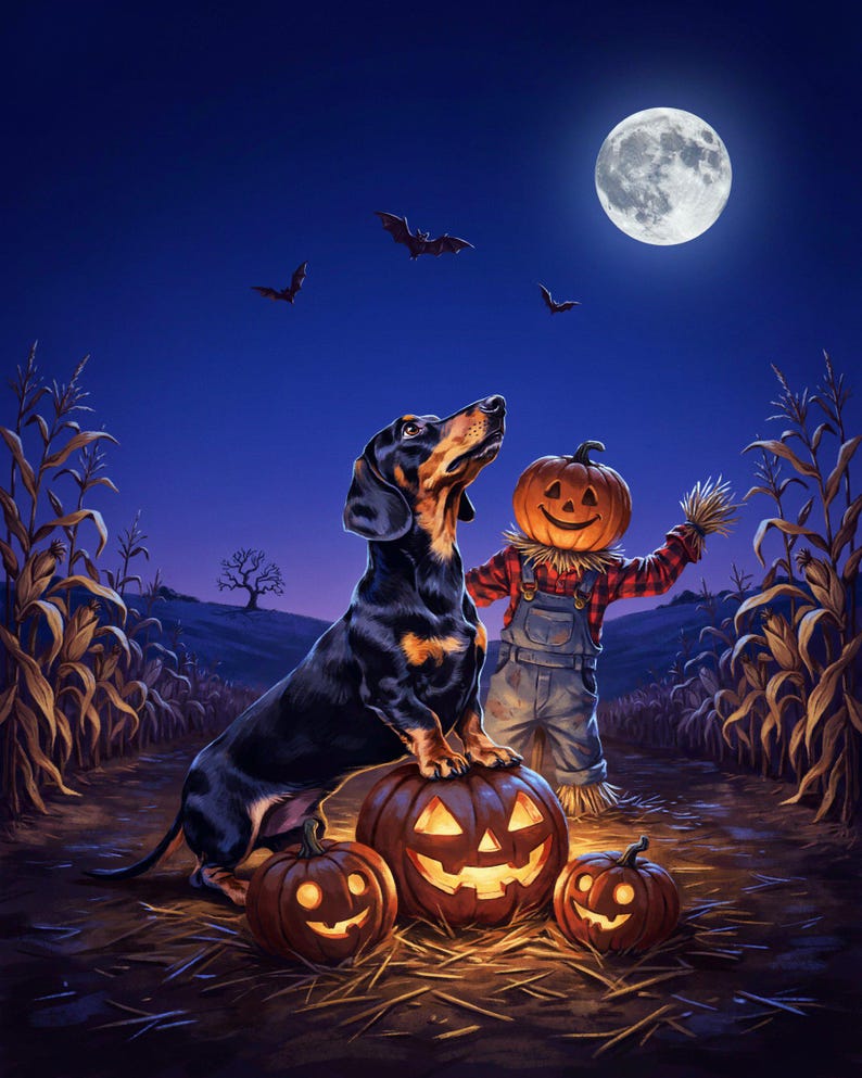Dachshund Halloween Wall Art, Moonlit Pumpkin Doxie Framed Poster, Wiener Dog Print, Spooky Fall Dachshund Decor image 5