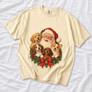 Comfort Colors Santa Puppies Christmas Shirt, Retro Santa Dog Tee, Christmas Dog Lover T-shirt, Dog Mom Santa Shirt Gift