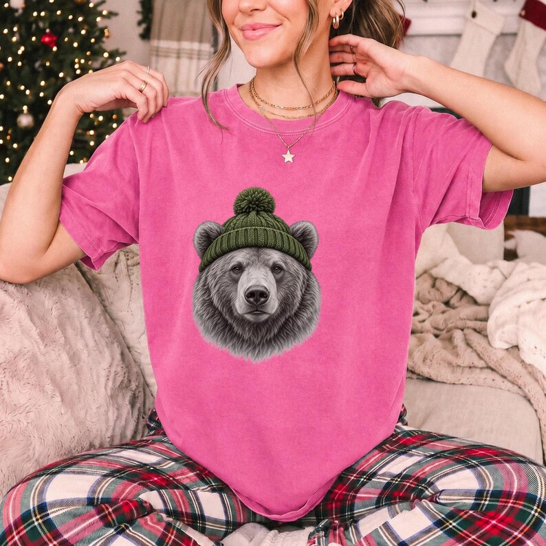 Comfort Colors Bear Beanie Shirt, Sketch Bear Winter Tee, Grizzly Bear Green Beanie T-shirt, Cabin Bear Lover Shirt Gift, Bear Tee