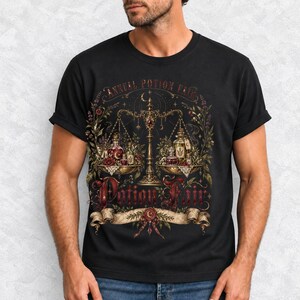 Vintage poster style apothecary scale with potion bottles and a ribbon banner reading Annual Potion Fair