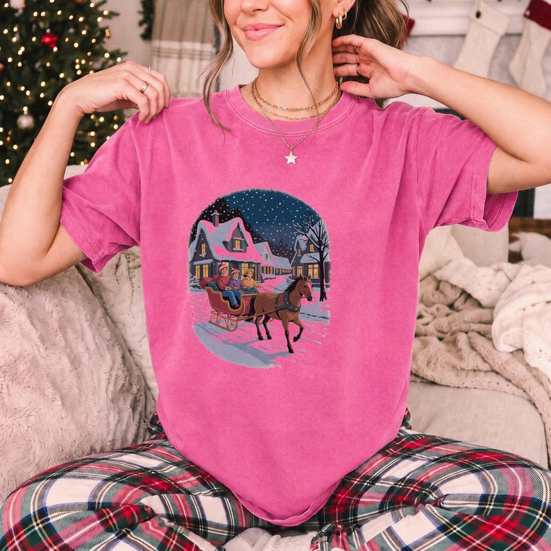 Comfort Colors Horse Sleigh Christmas Shirt, Retro Christmas Village Tee, Snowy Sleigh Ride T-shirt, Christmas Horse Shirt Women, Sleigh Tee