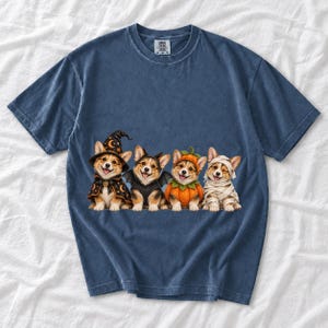 Realistic illustration of four corgi puppies in wizard, bat, pumpkin and mummy costumes in a row