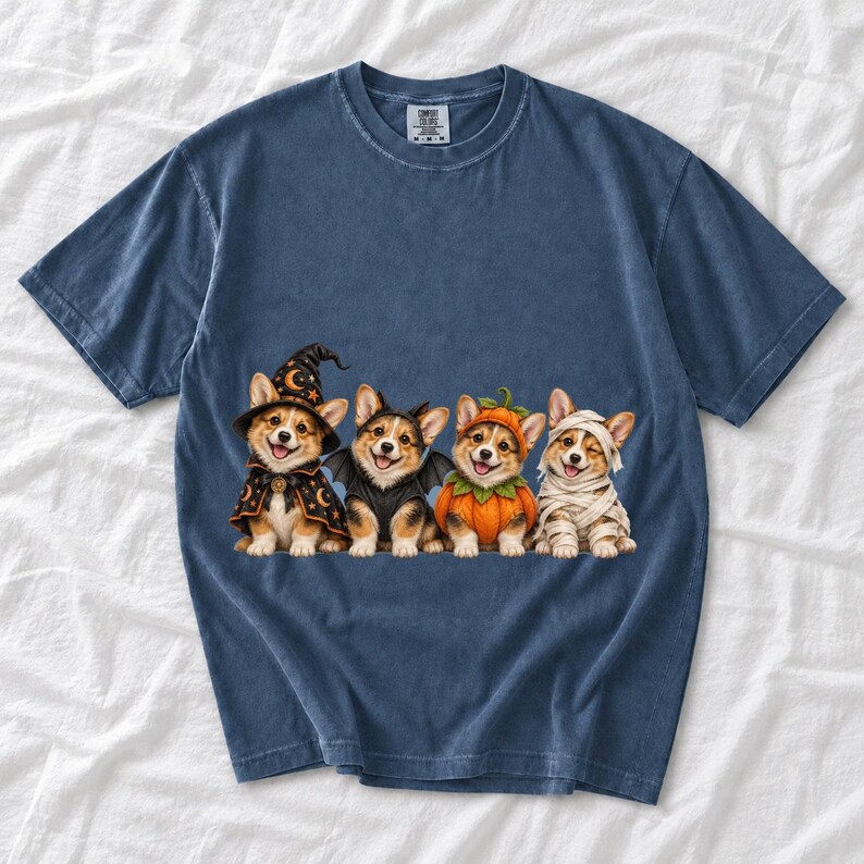 Realistic illustration of four corgi puppies in wizard, bat, pumpkin and mummy costumes in a row
