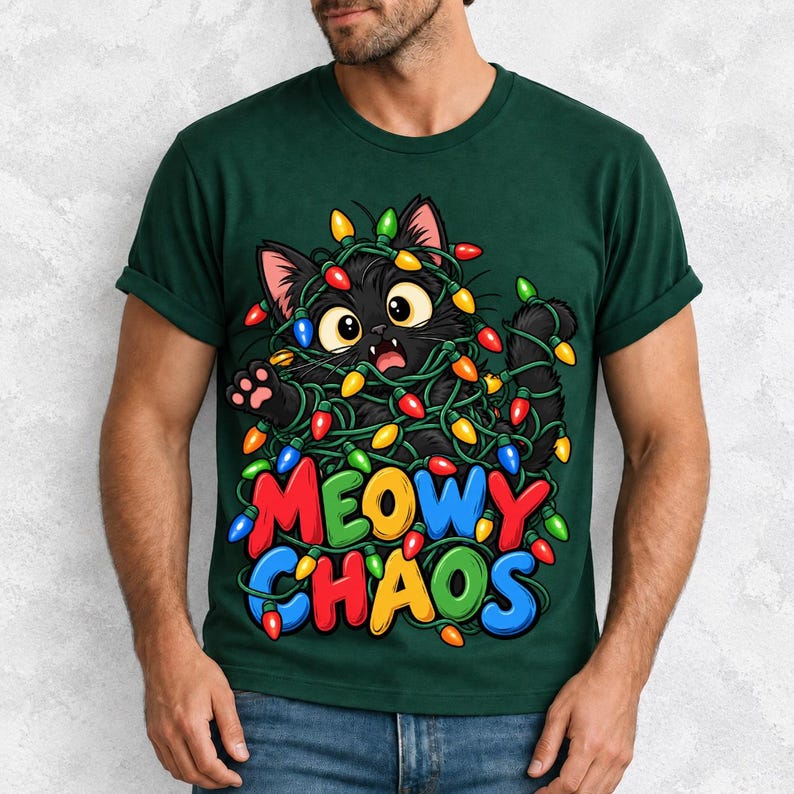 Чёрный кот в гирлянде «Meowy Chaos»